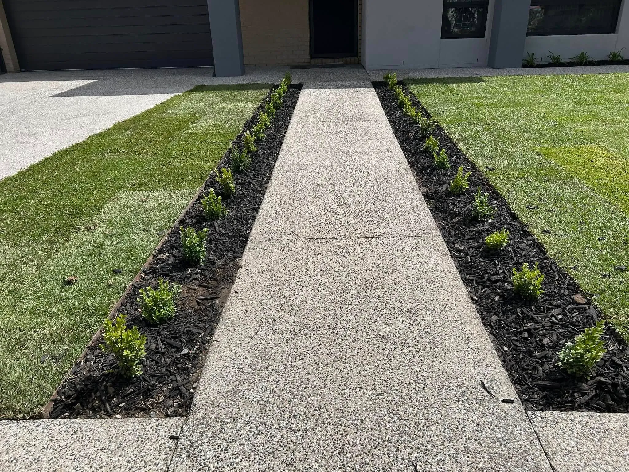 Exposed-aggregate front path flanked by symmetrical mulched garden beds and fresh turf